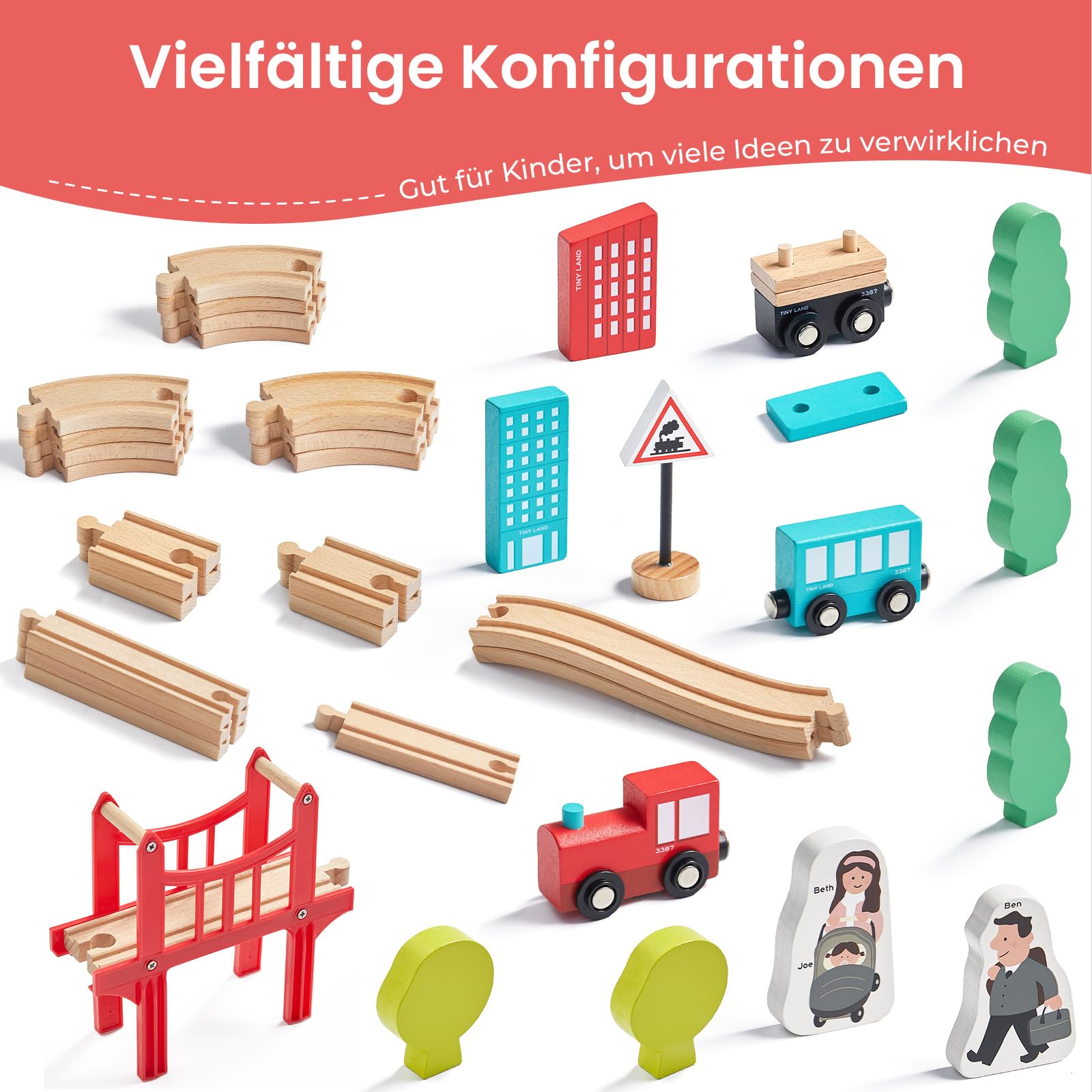 Tiny Land 55Pcs Holzeisenbahn Set & 39Pcs Holzeisenbahn und Züge Pack