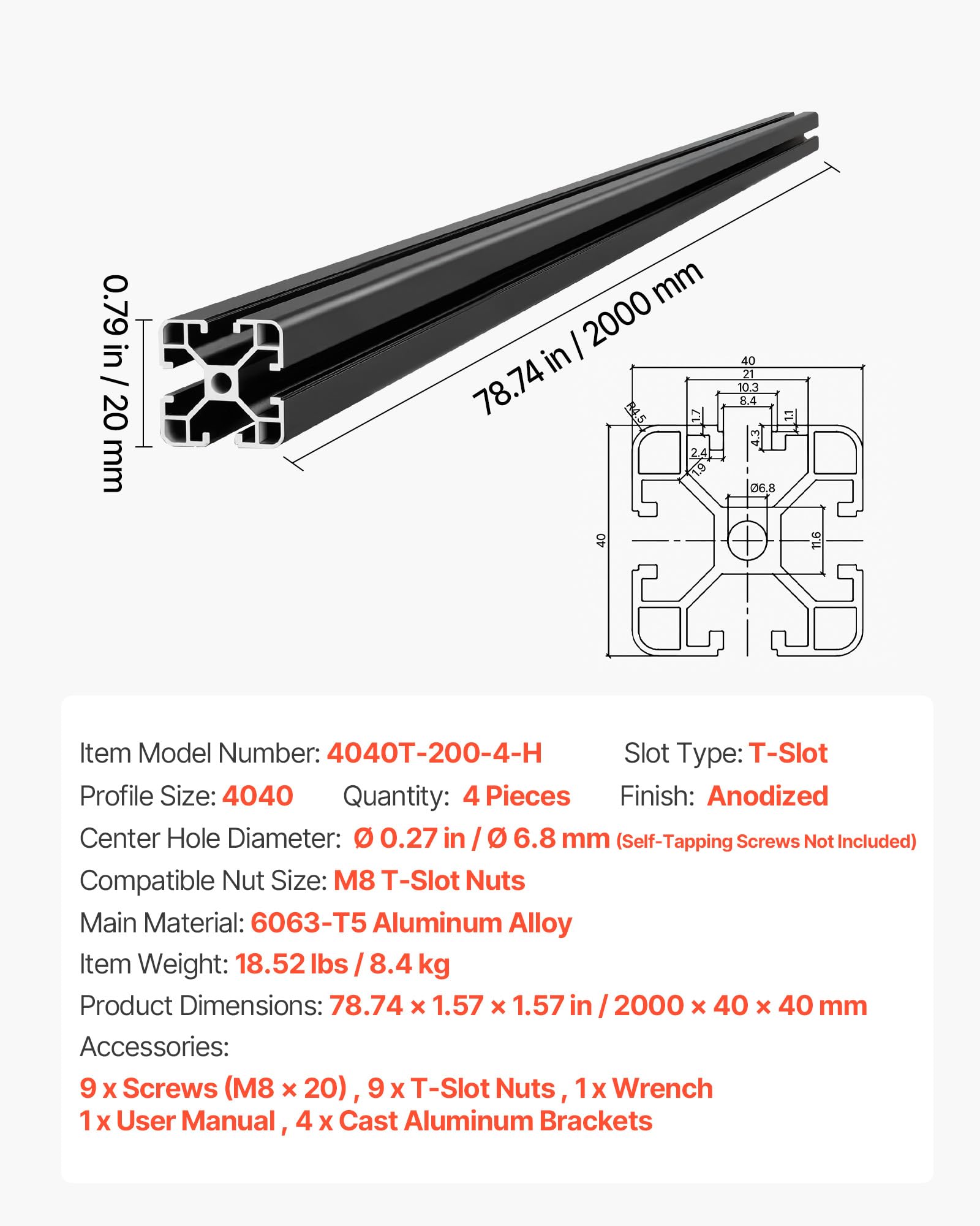 VEVOR 4040 Aluminium Profile 4 Stk. 2 m, Eloxierte T-Nut-Aluprofile nach EU-Standard, Hochfestes Strangpressprofil, Aluminiumschiene für 3D-Druckerteile, CNC-DIY-Werkbänke und Montage, Schwarz