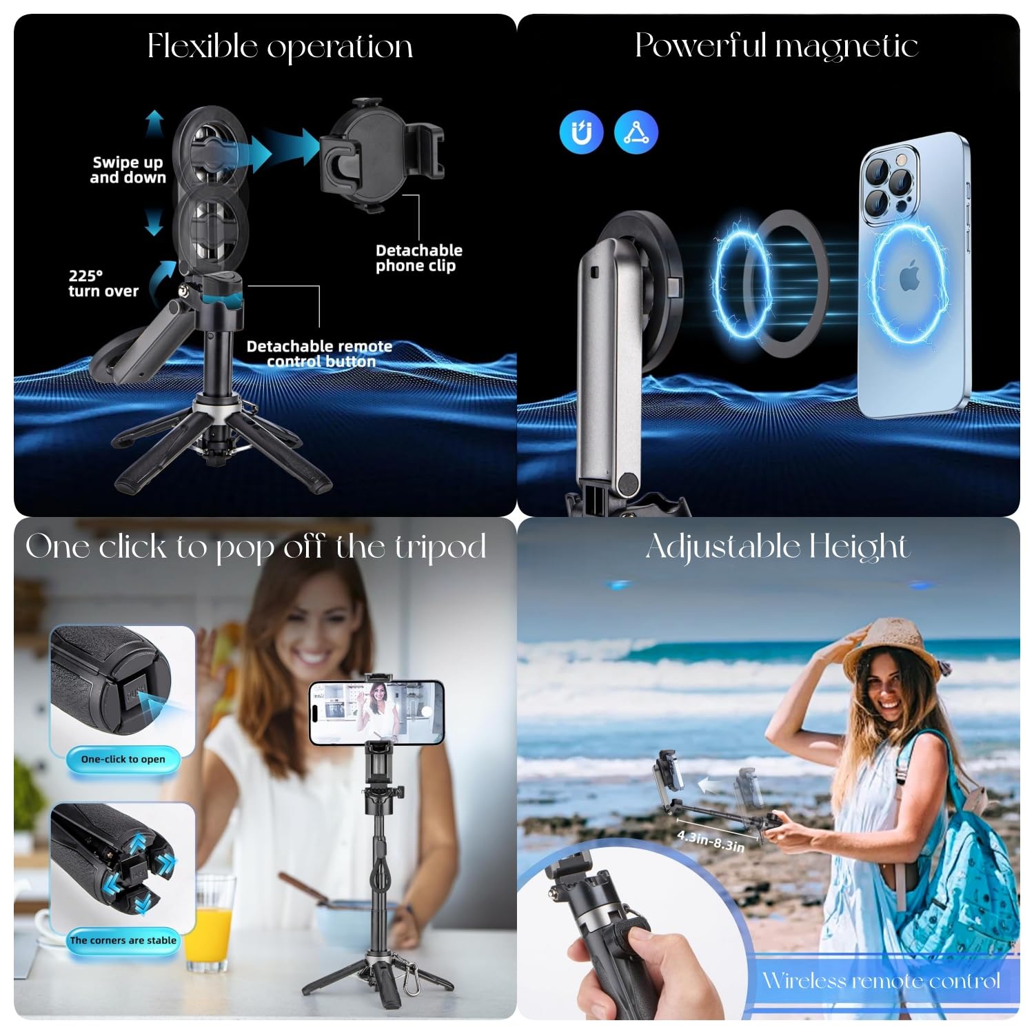 Bastone per selfie magnetico multifunzione 4 in 1, rotazione a 360°, per iPhone/Android, treppiede portatile estensibile con telecomando staccabile, supporto universale per telefono e anello in
