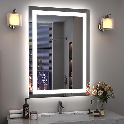 Espejo LED de 24 x 36 pulgadas para baño, espejo de tocador iluminado para pared, regulable, antivaho, a prueba de roturas, certificado ETL (luces