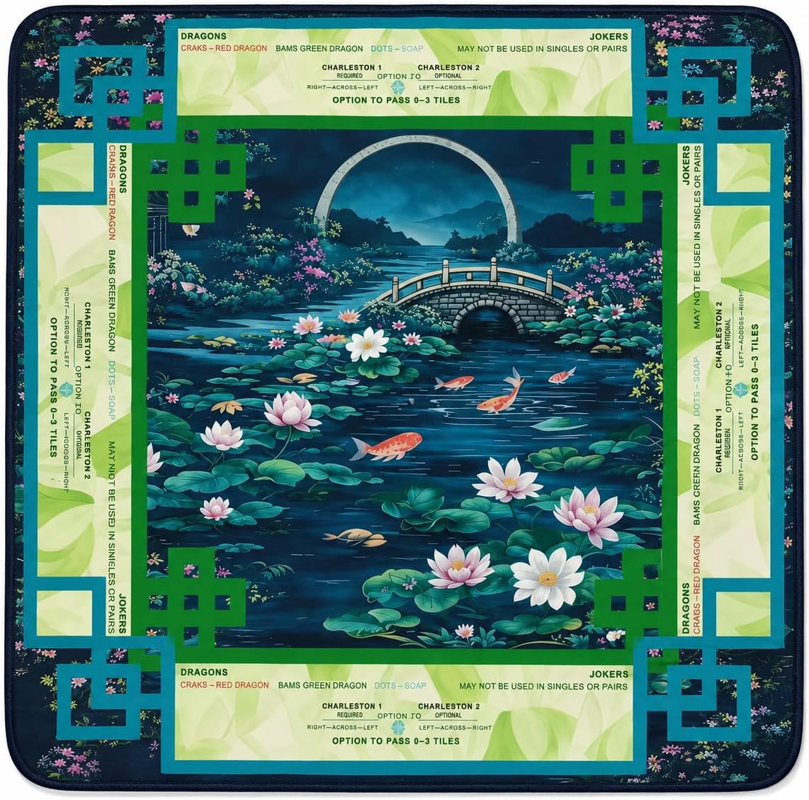American Mahjong Mat 22" x 22" - Chinoiserie Lotus & Koi Pond Non-Slip Rubber Table Cover - Quiet Surface with Charleston Rules & Joker Reference - Perfect for League Style Play