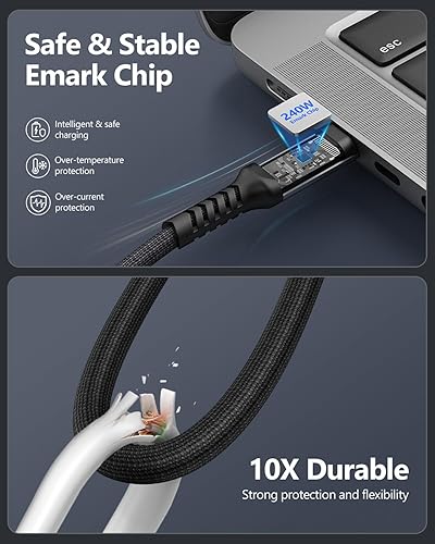 Miniatura 5 de SUNGUY Cable USB C 3.2 Gen 2 de 1.5 pies, cable USB C a USB C de 240 W de carga rápida, transferencia de datos de 20 Gbps, salida de video 4K, cable