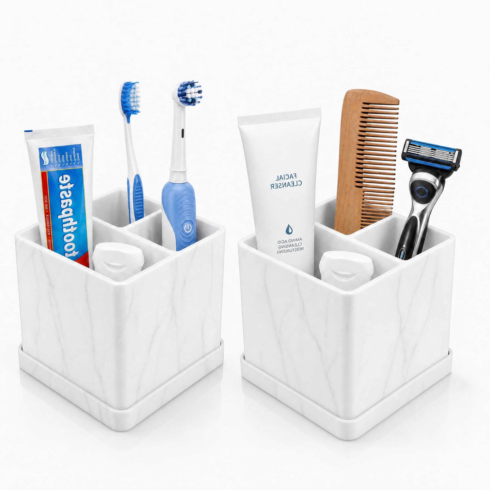 2Pcs 10x10x9cm Silicone Electric Toothbrush Holder,Bathroom toothbrush holder with drainage， Fitted with a removable tray，Soft and shock-resistant, for Home, Office（White marble pattern）