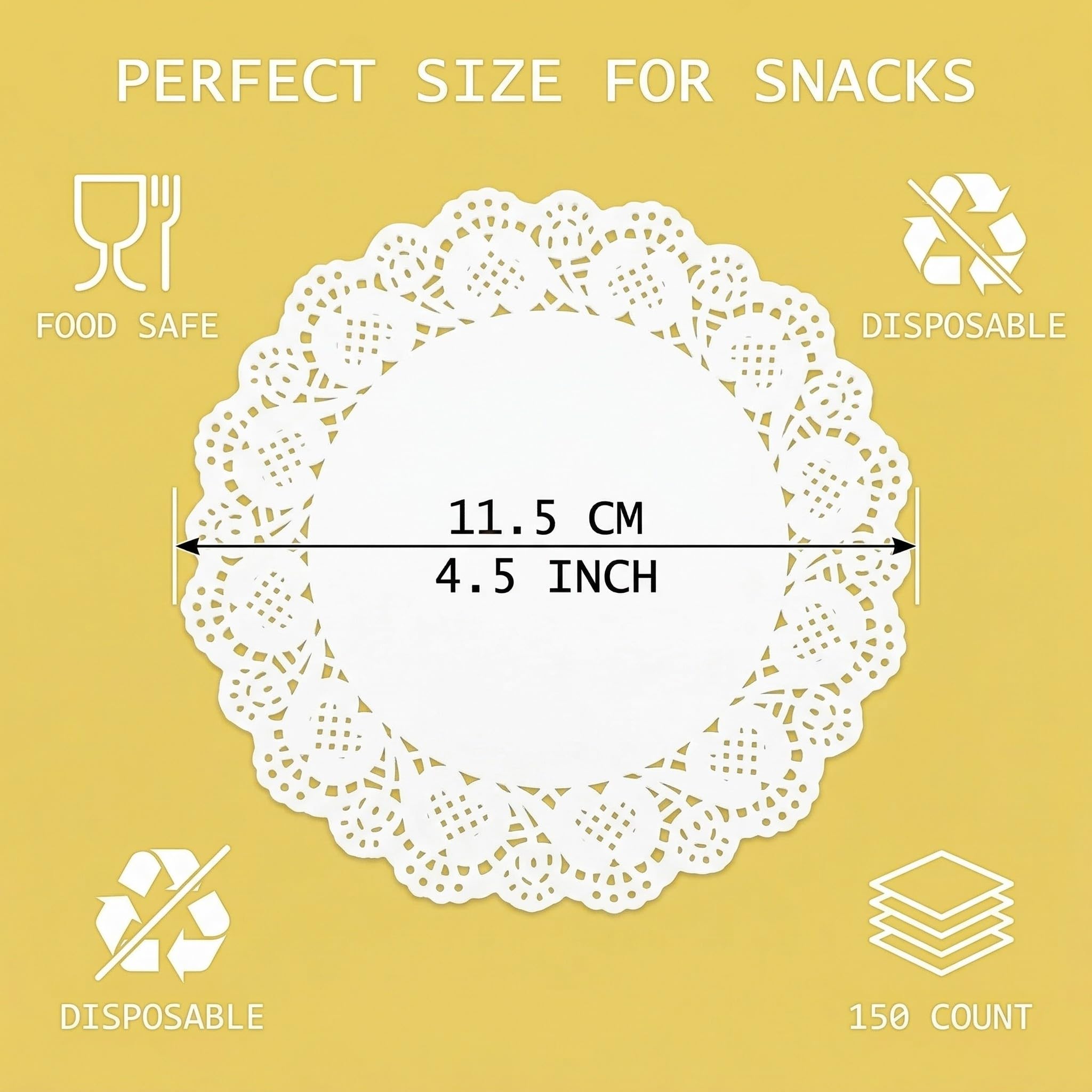 150 fogli di carta oleata, adatta per cibi fritti e snack, per uso alimentare, assorbente, con bordi smerlati, bianca, ideale per dessert e pasti principali, diametro 11,5 cm.