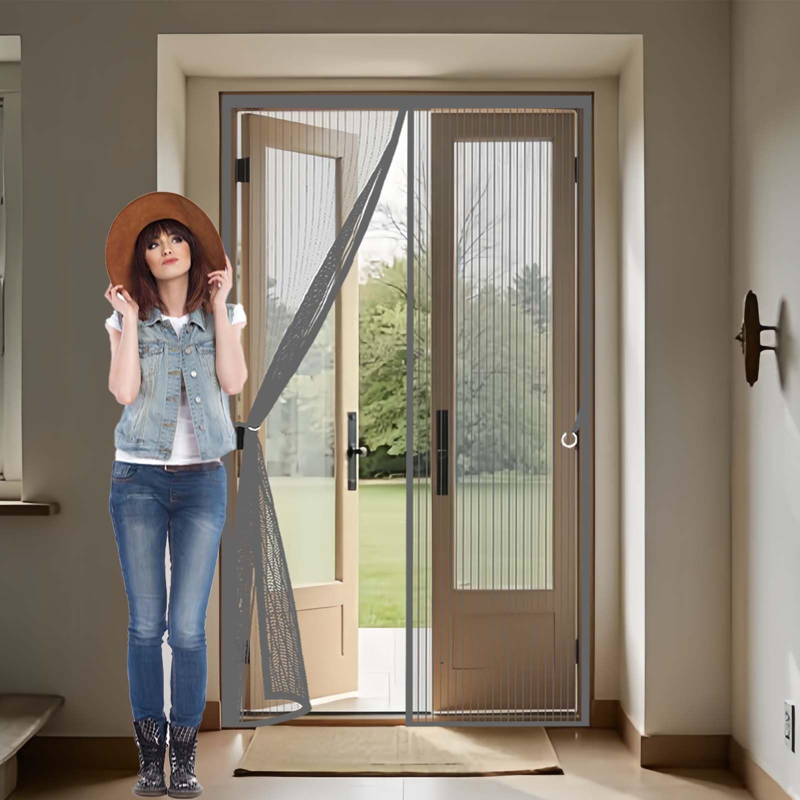 Feijdon Grey Magnetic Screen Door 133X222cm(Widthxhigh) Powerful Magnets And Full Frame Magic Tape, No Drill Installation Heavy Duty Self-Sealing Fly Mesh Lets Fresh Air In, Hundreds Of Sizes,