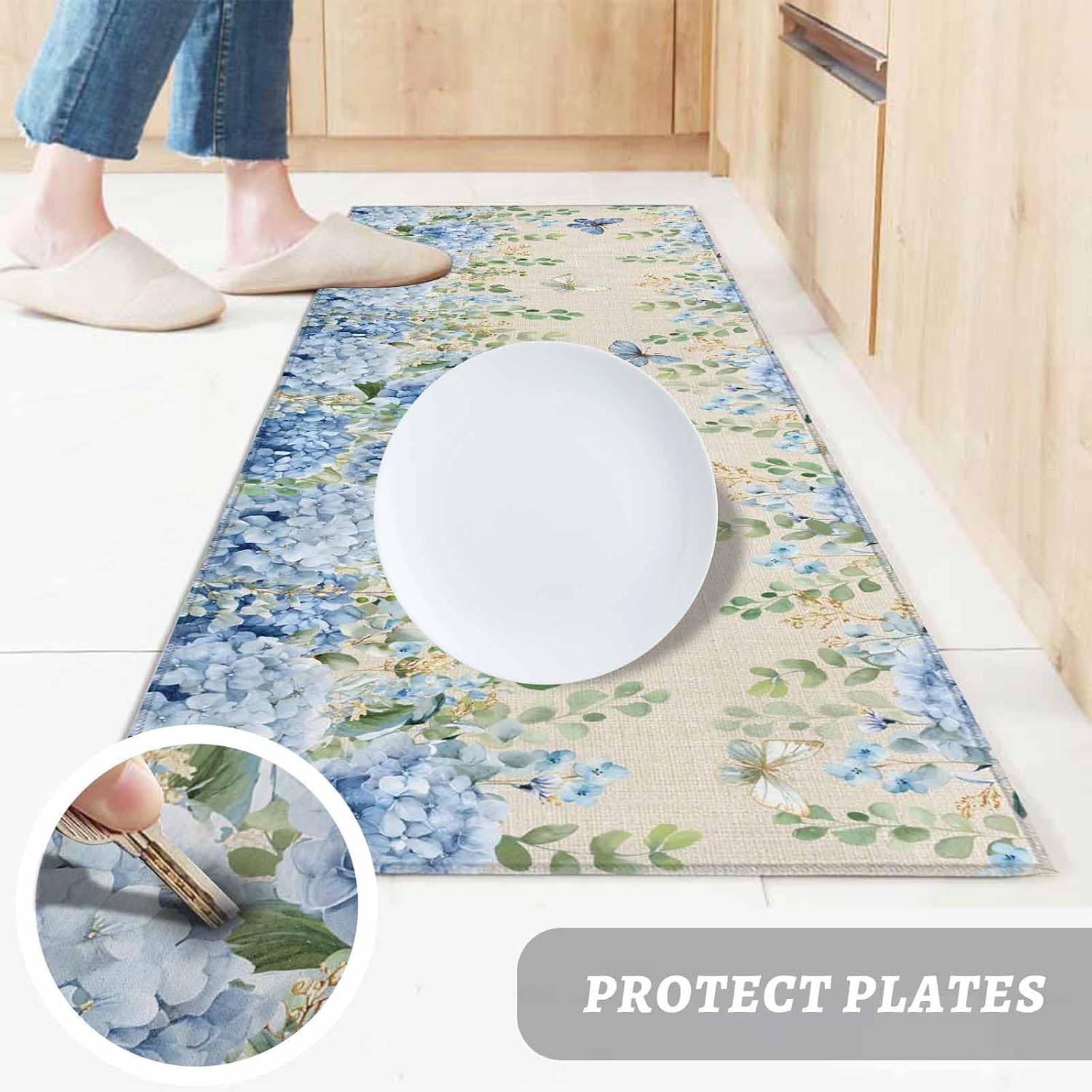 Kitchen Mats for Floor Summer Hydrangea Flower Butterfly Washable Non Slip Kitchen Rugs 2PCS, Rustic Plant Retro Linen Absorbent Standing Mats for Sink Office Living Room 15.7x23.6in+15.7x47.2in