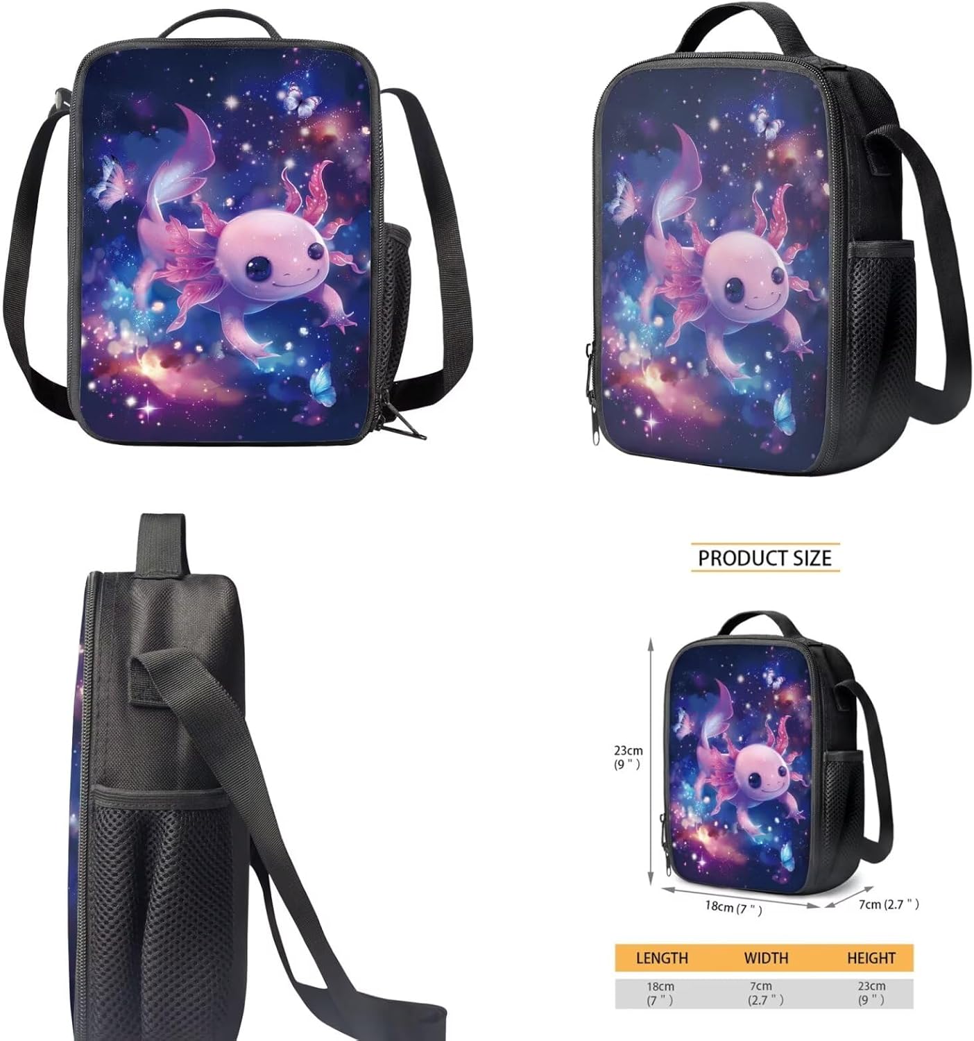 3Pcs Axolotl Galaxy Girls Backpack Sets 3 in 1 Primary Schoolbag with Lunch Box Pencil Case Travel Daypack School Bag Kit Knapsack for Students