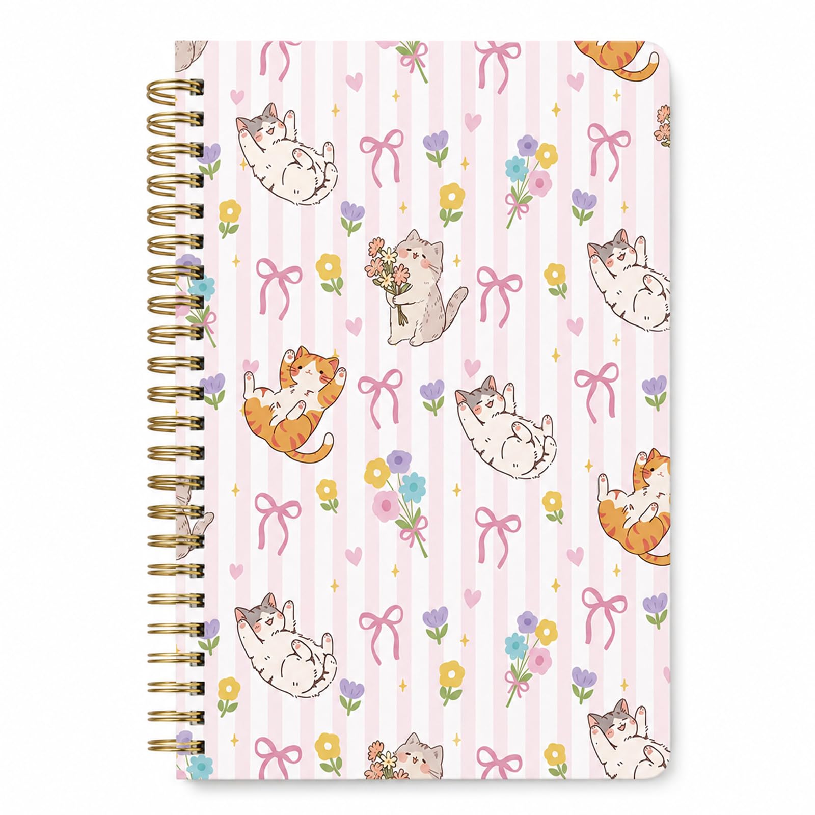 Cat Notebook A5, Cute Spiral Notebook with Bow and Flower Design, 100 Pages