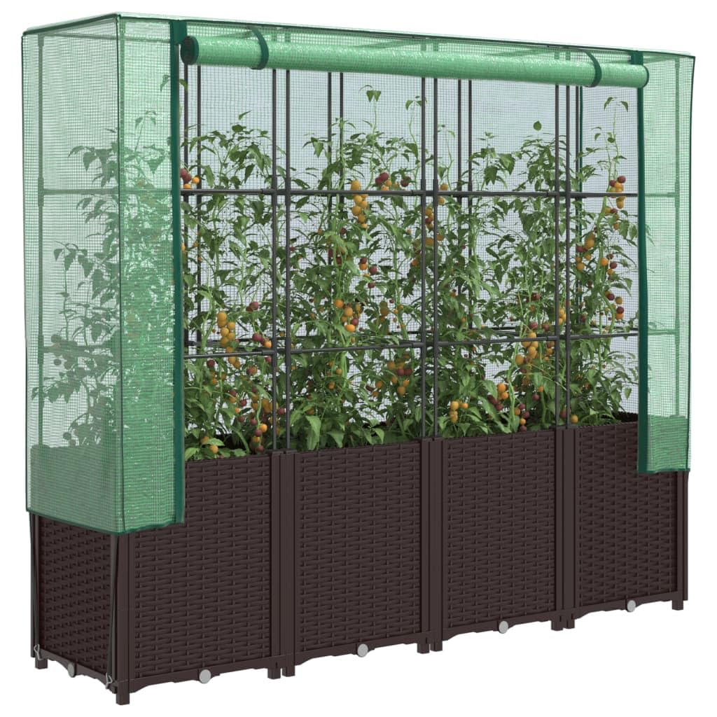 Jardinera con accesorio de invernadero en aspecto de ratán marrón, 160 x 40 x 153 cm, marco de tubo de hierro estable, cubierta de polietileno impermeable, ideal para jardín, balcón, jardinera y
