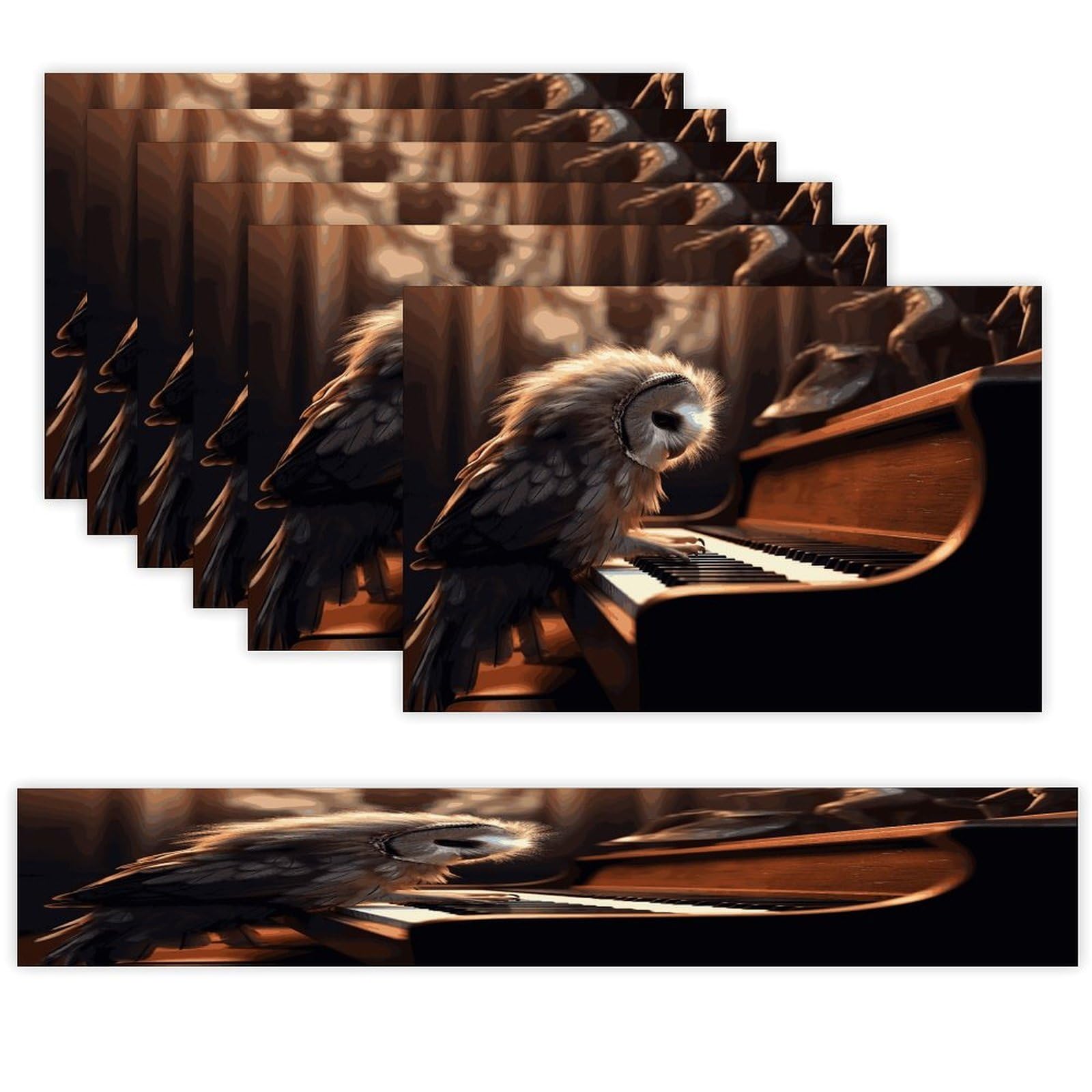 Owl Plays Piano Table Runner and Placemats Set of 6 for Kitchen Washable Table Mats Heat Resistant Place Mats Non-Slip Place Mat Wipeable Placemat(6 Placemats+1 Table Runner)