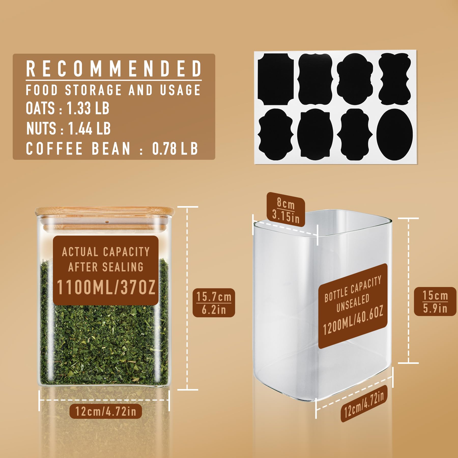 D2scrma Contenitori ermetici rettangolari in vetro con coperchi in bambù (set di 6), barattoli quadrati per alimenti, organizer per dispensa per cereali, noci, snack e chicchi di caffè (con etichetta
