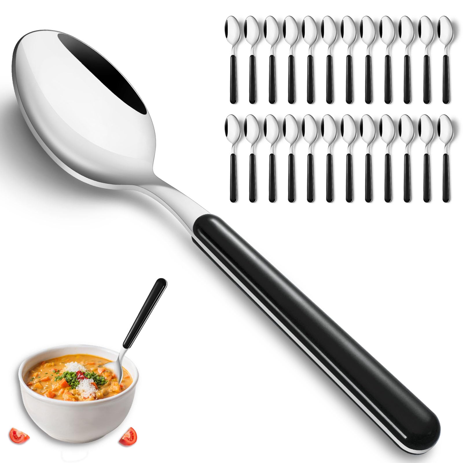 BEWOS24PCS Spoons Silverware, 7.5-inch Dinner Spoons Set, Stainless Steel Spoons, Metal Spoons, Mirror Polished Tablespoon, Dishwasher Safe, Black Plastic Handle Spoons Bulk for Home Restaurant