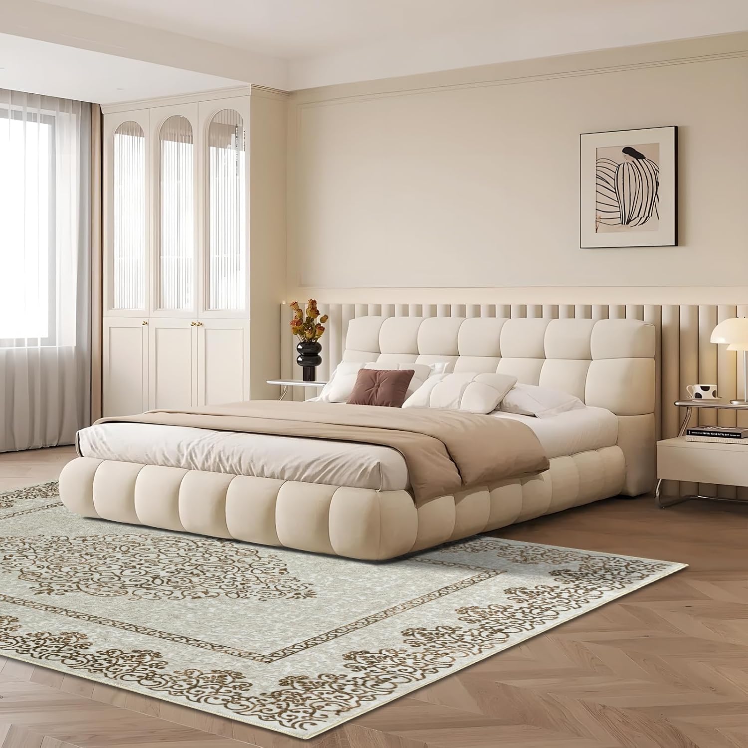 Easy-Going Area Rug 6x9 Washable Boho Neutral Rugs for Living Room Non-Slip Bedroom Rug Low Pile Lightweight Floral Brown Print Vintage Throw Rug for Dining Room Bathroom Kitchen Home Office Carpet