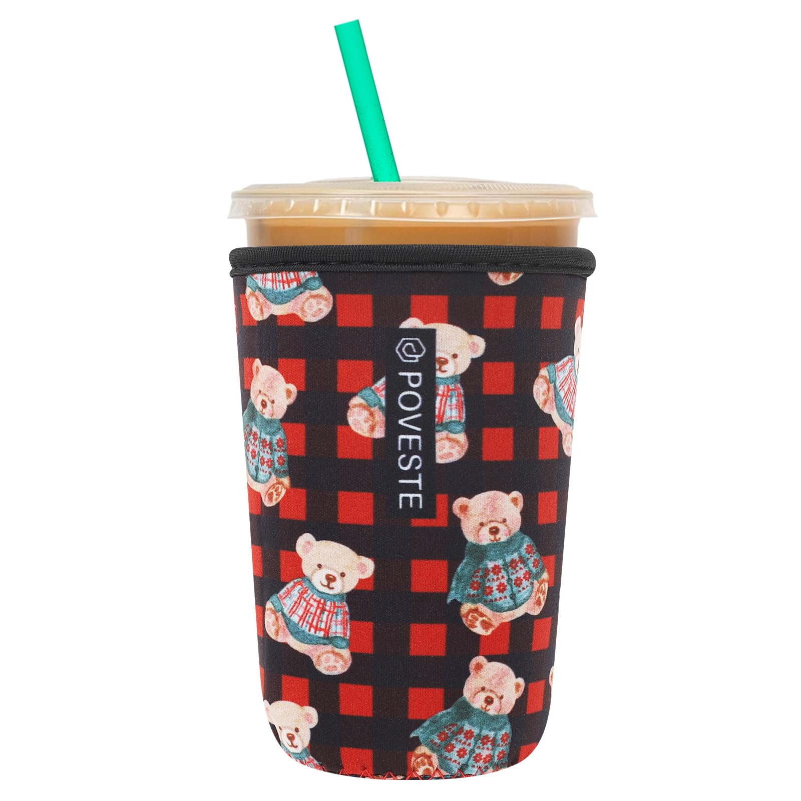 Reusable Neoprene Insulator Sleeve for Iced Coffee &amp; Cold Soda, Coffee Sleeves for Iced &amp; Hot Drinks, Cold Beverage Cooler Compatible with Starbucks, Dunkin (Plaid Bear, Medium: 22-24oz)