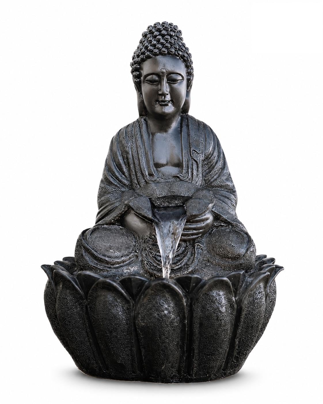 Mini Lotus Buddha Black Water Fountain for Home Decor with LED Light & Water Pump | Large Polyresin Waterfall Fountain for Living Room, Office, Entrance, Meditation & Vastu Décor-image-0