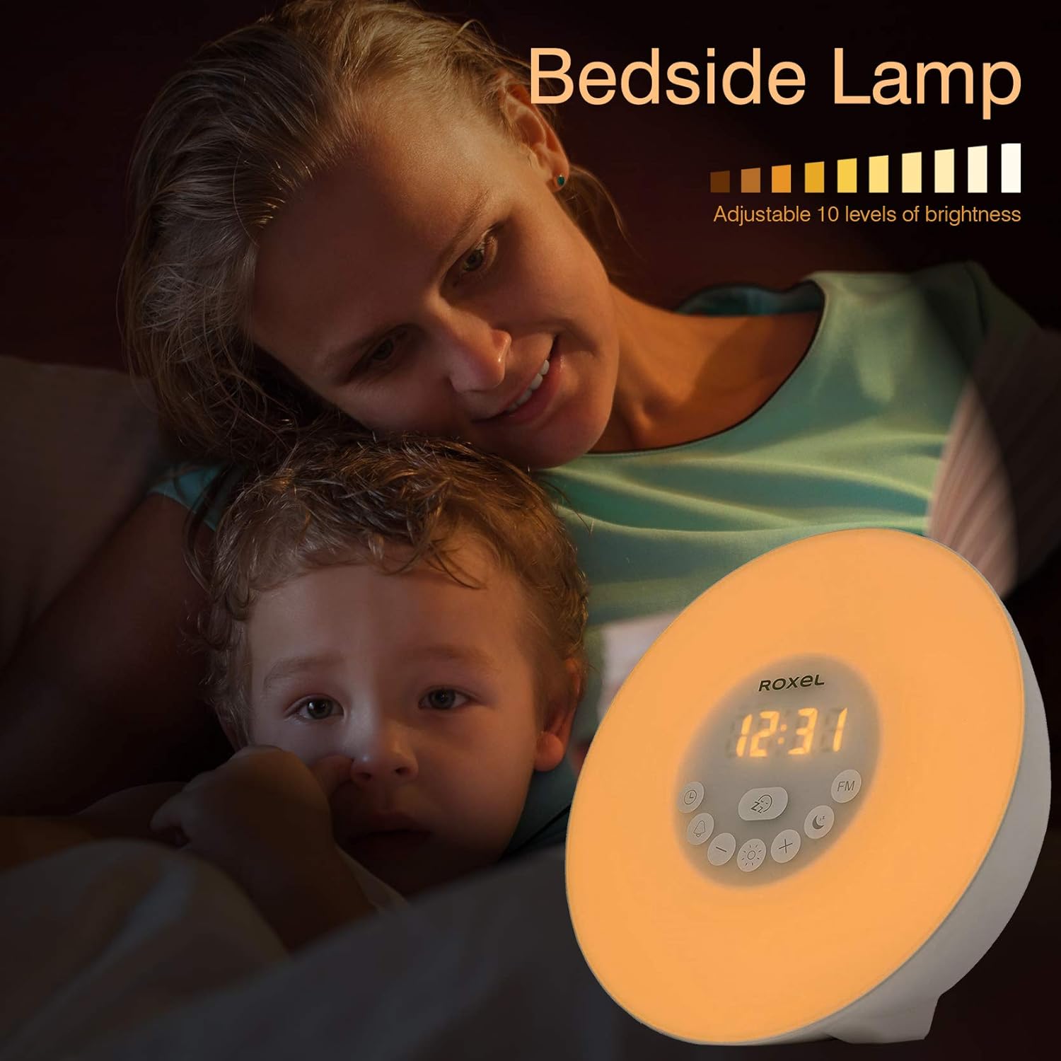 આગળ view of the Roxel Wake-Up Light Alarm Clock displaying warm white light.