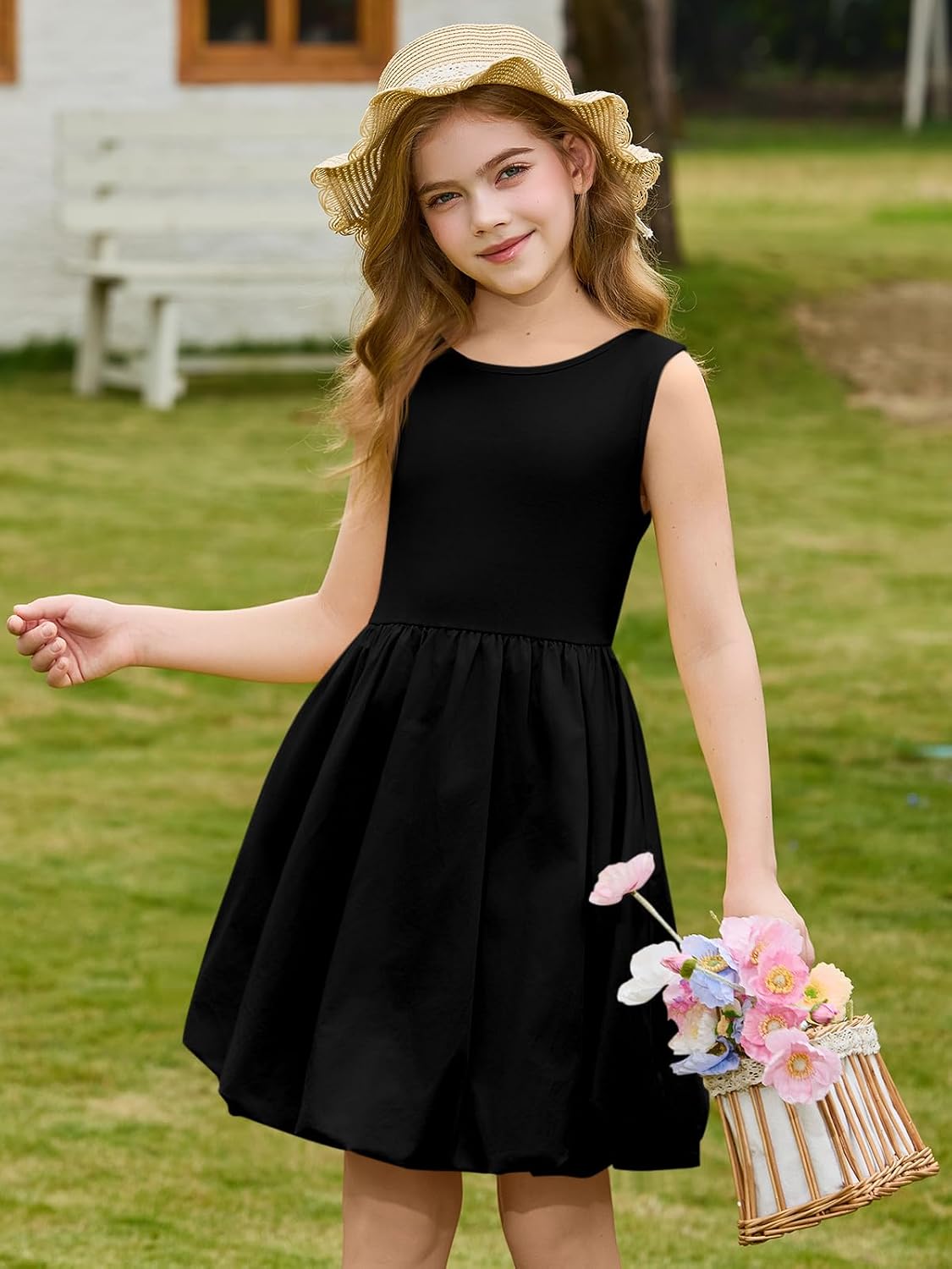 Haloumoning Girls Summer Sleeveless Bubble Dress Kids Cute Crew Neck Tank Mini Dresses with Pockets 5-14 Years