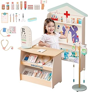 JOYMOR Pretend Hospital Kids Doctor Kit, Wooden Doctor Play Set w/Plenty of Medical Toy Accessories, Ideal for Toddler Play Doctor, Pretend Kids Playset for Christmas Birthday Gifts