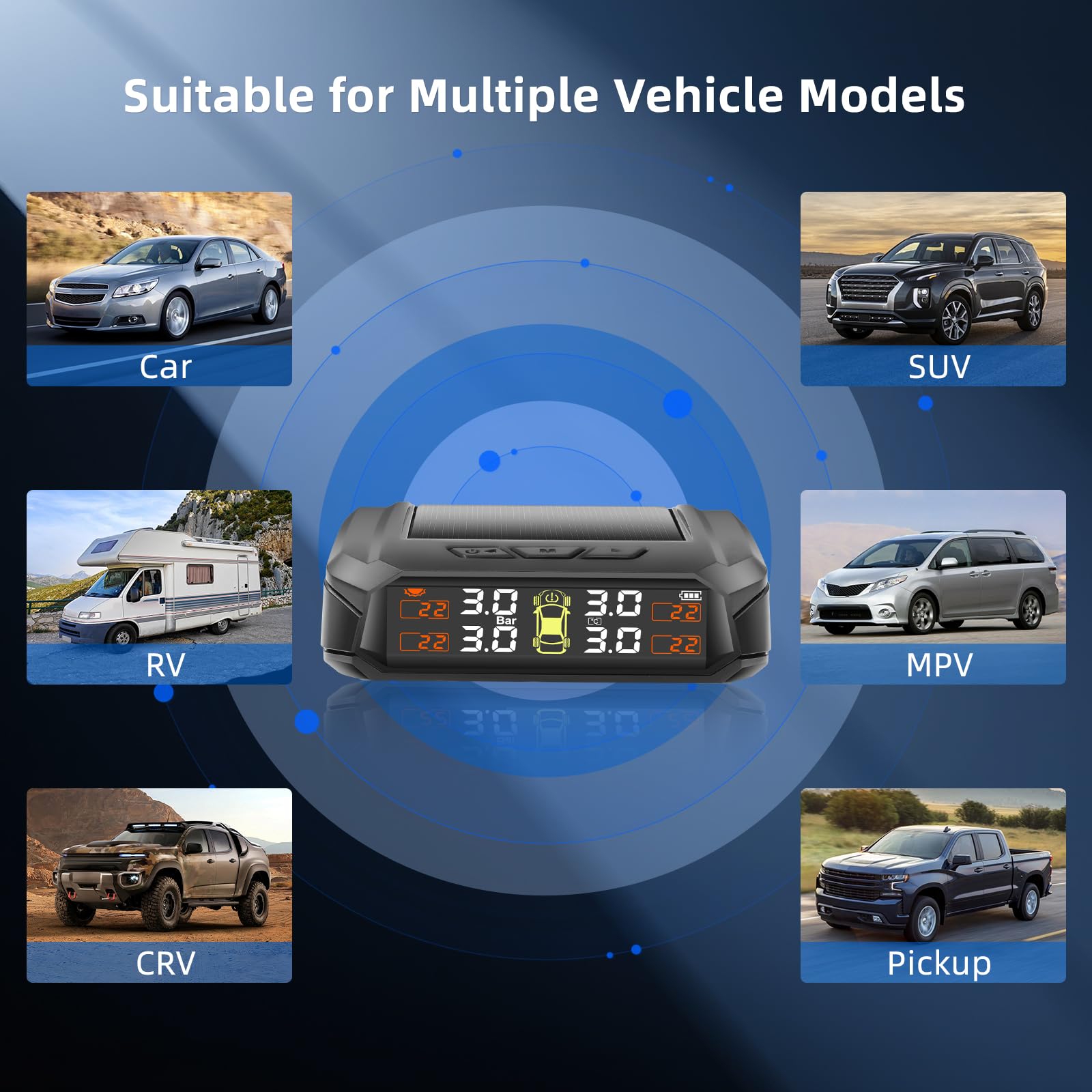 KAOLALI Sistema di controllo della pressione degli pneumatici, TPMS senza fili, 4 ruote, 3,5 bar/50 PSI Max, ricarica solare e magnetica, per camion, roulotte, autobus