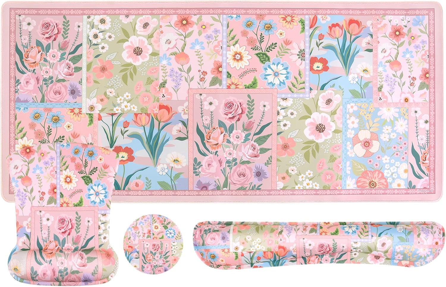 MOSISO Wrist Rest Support for Keyboard Mouse Pad Set, Spliced Flowers Large Mousepad&Keyboard and Mouse Pad&Coaster, Ergonomic Non-Slip Easy Typing Mousepad with Memory Foam for Home Office, Pink