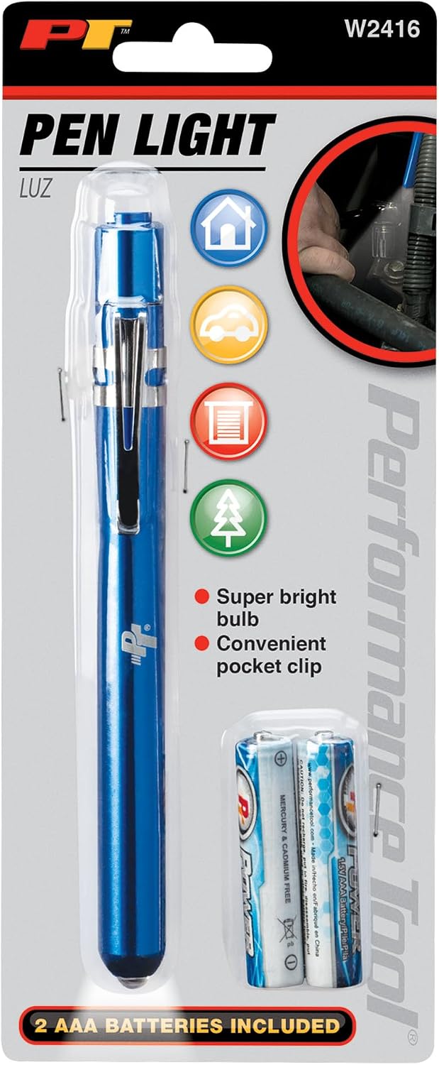 Performance Tool W2416 Pocket Penlight - Super Bright Bulb, Convenient Pocket Clip, Includes 2 'AAA' Batteries