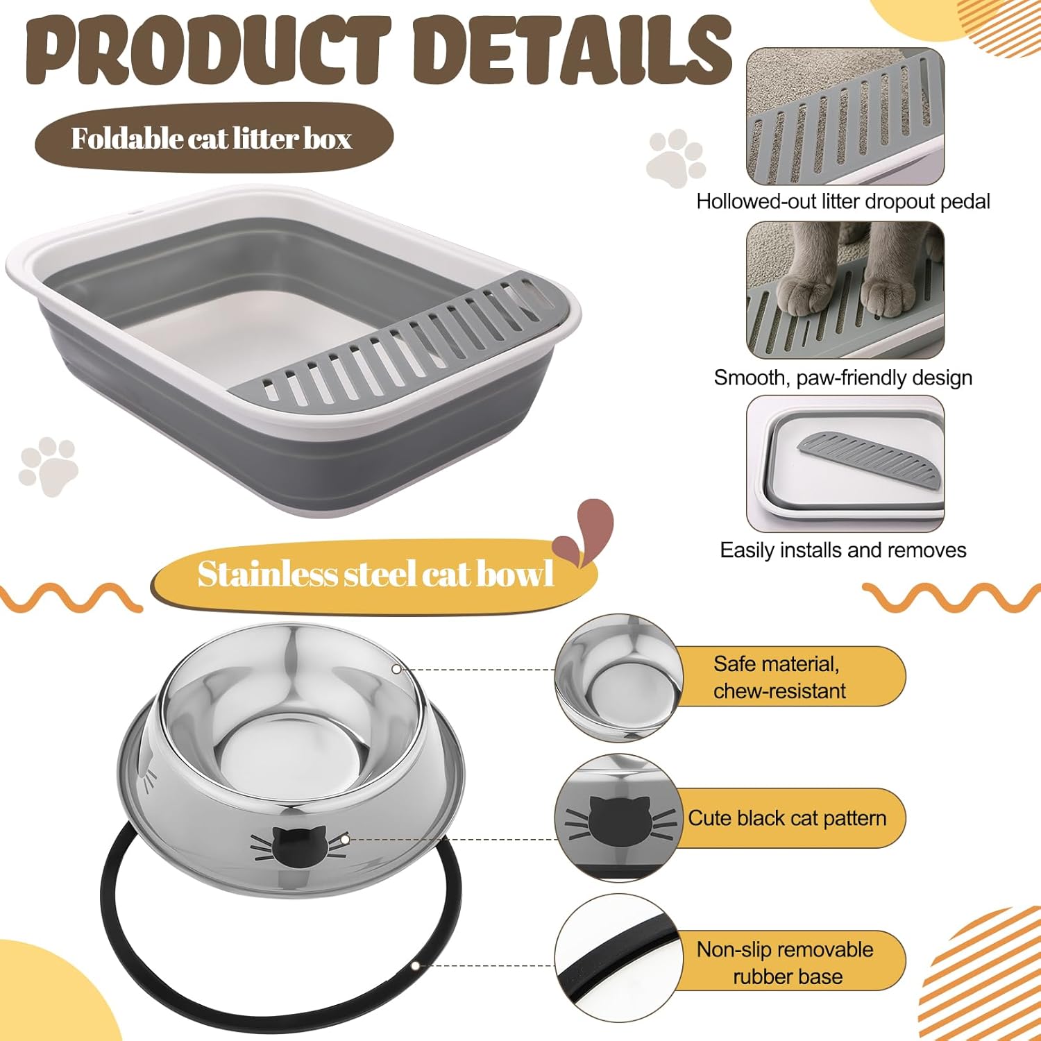 Abbylike 6 Pcs Collapsible Kitten Litter Box Kit 1 Large 20.7 x 15.8 x 5.5 Inch Foldable Shallow Cats Toilet Low Entrance Open Cat Potty Pan with Scoop 2 Stainless Steel Cat Bowl 2 Garbage Bag, Gray