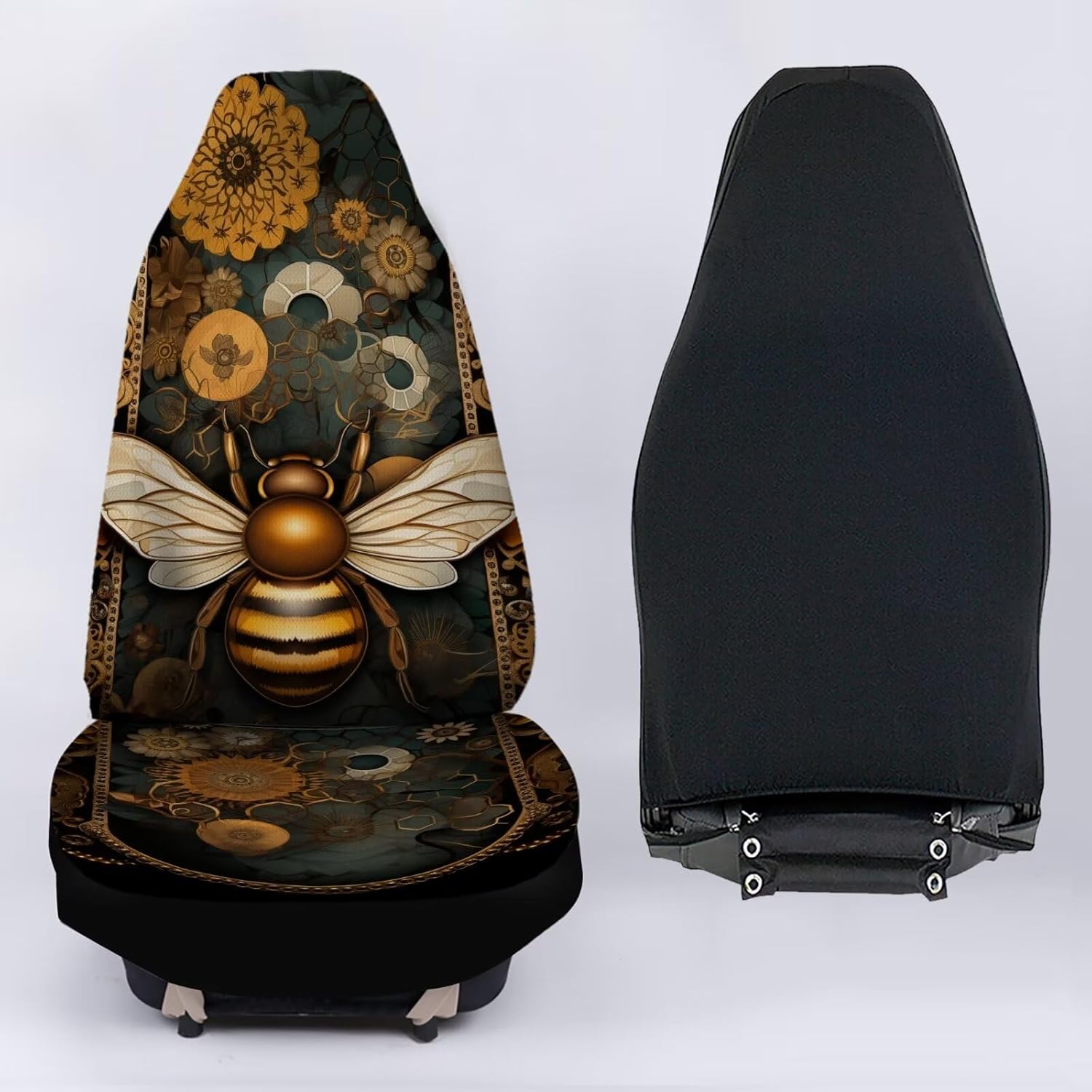 Bulopur Cartoon Gold Bees Boho Flower Blue Car Seat Cover for Women, Front Seat Cushion Decorative Car Seat Protector Blanket Front Car Seat Covers Universal Fits