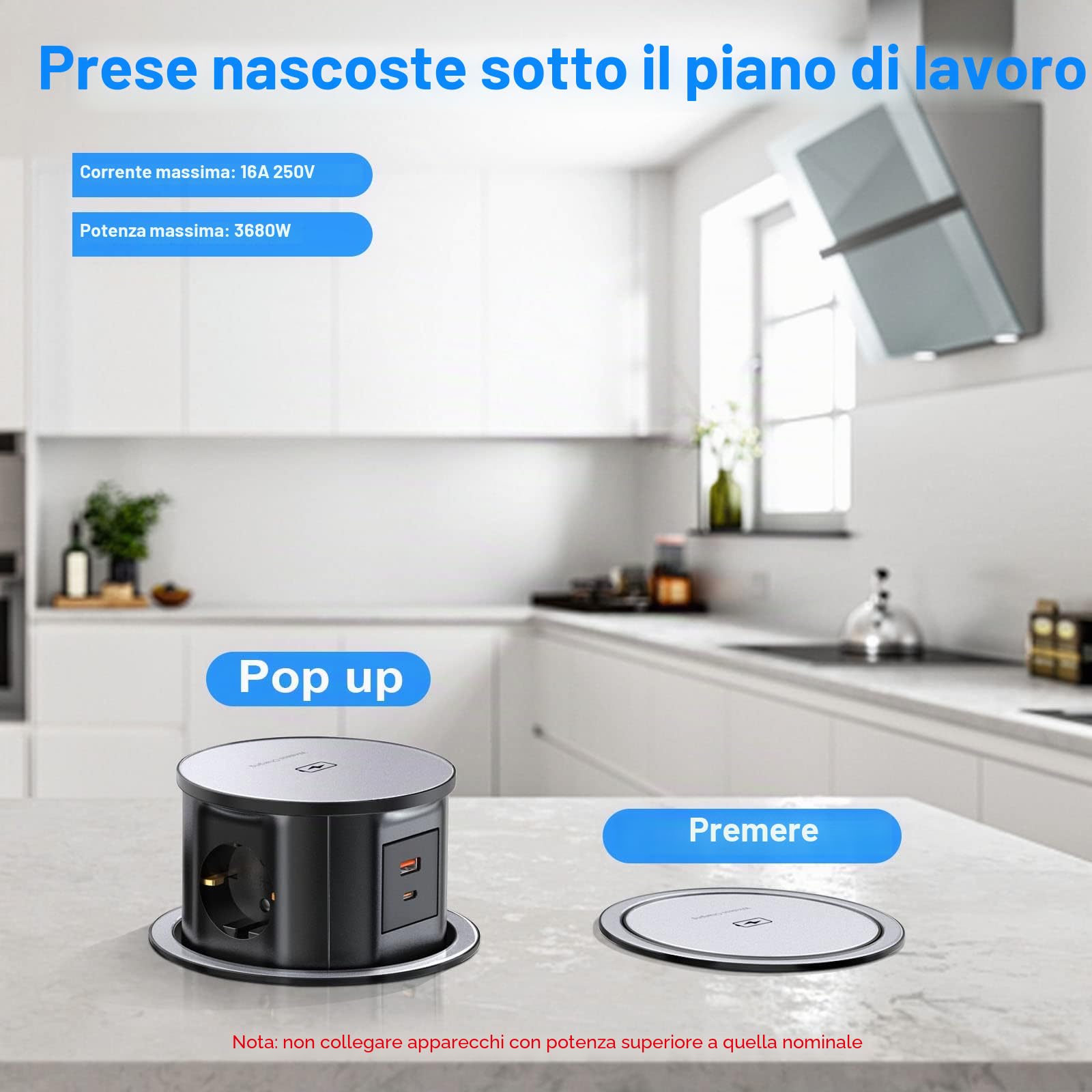 Ciabatta Multipresa 3 Prese USB C 20W, Ohuo Ciabatta con Ricarica wireless da 15W, Blocco Multipresa a Scomparsa con 3 Prese schuko EU e 2 porte USB, Cavo 2 m, Nero