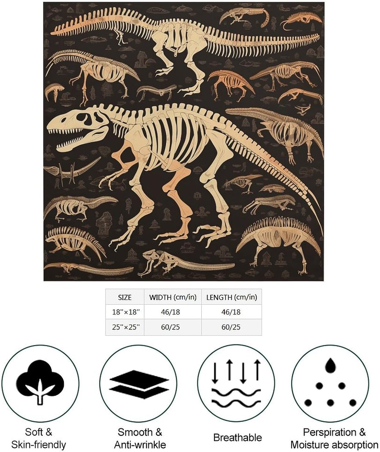Dinosaur Skeleton Print Bandanas Multi-Purpose Hair Scarf Soft Headband Kerchief Handkerchief Head Scarf 18"x18"