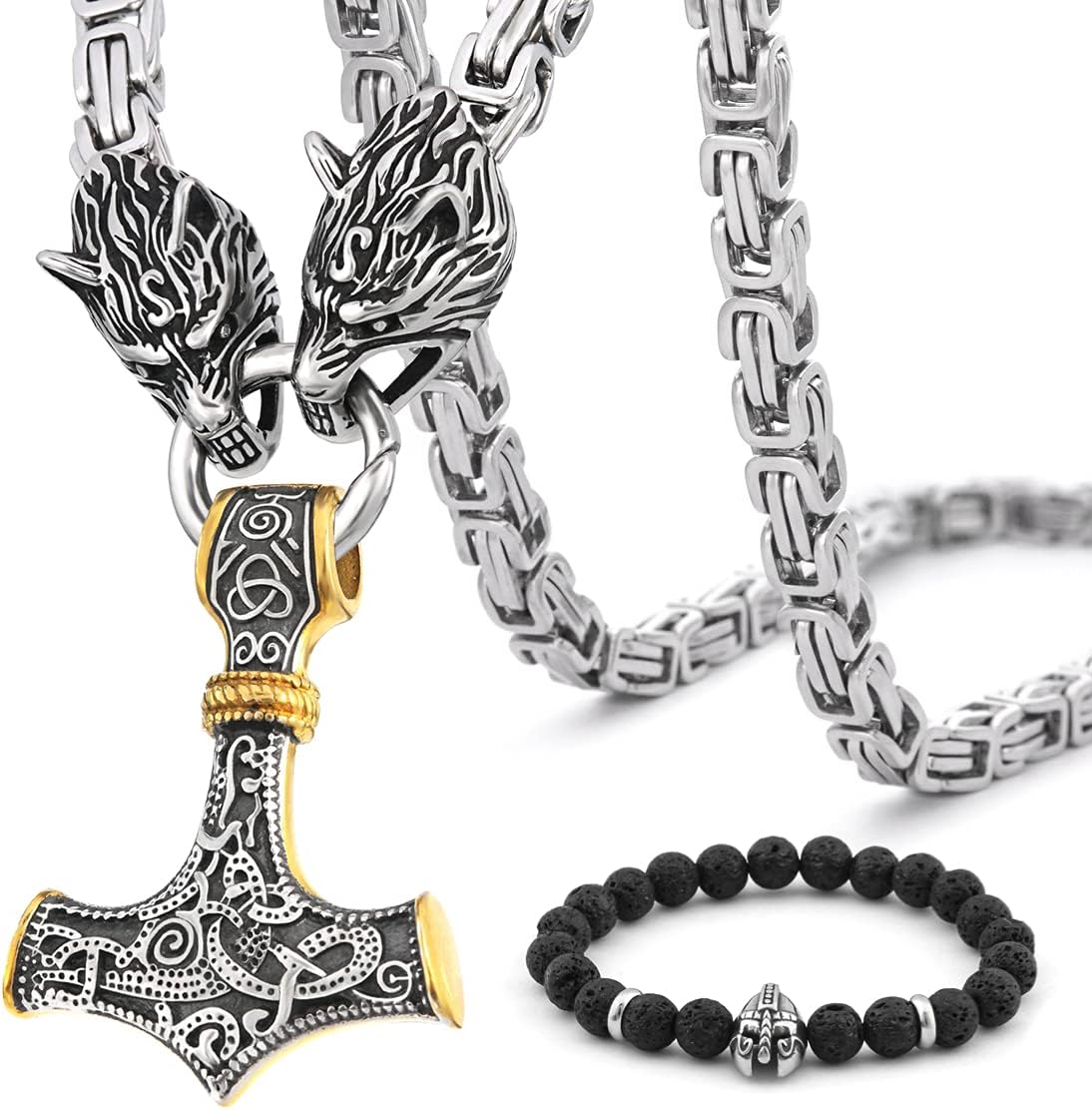 BAVIPOWER Two Tone Thor's Hammer Necklace 18K Gold Plated Stainless Steel Pendant Wolf Head Chain Norse Scandinavian Viking Jewelry Men Women