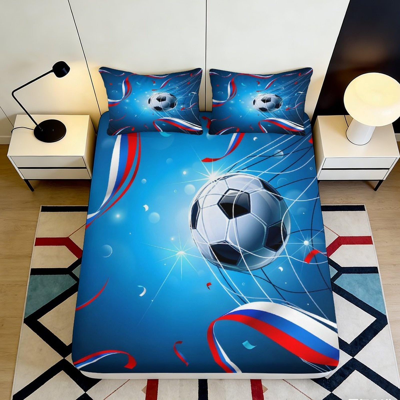 3D Printed Soccer Stadium Fitted Sheet Microfiber Blue Football Net Bed Cover for Bedroom Guest Room Mattress Protection 140x200x25cm