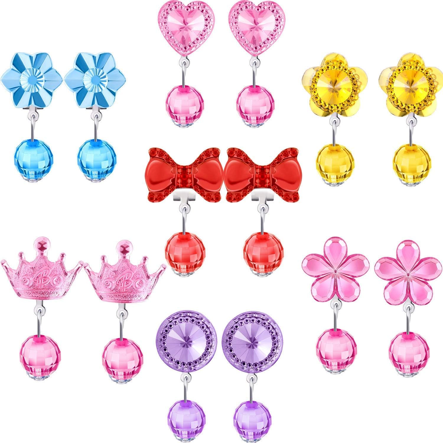7 Pairs Clip on Earrings Crystal Princess Earrings Jewelry and 7 Pairs Earrings Pads in Pink Box for Christmas