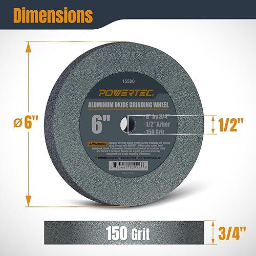 Miniatura 2 de POWERTEC 15535 Muelas abrasivas de banco de óxido de aluminio de 6 "x 34" con eje de 12 pulgada, 60 y 150 granos surtidos y muela abrasiva de
