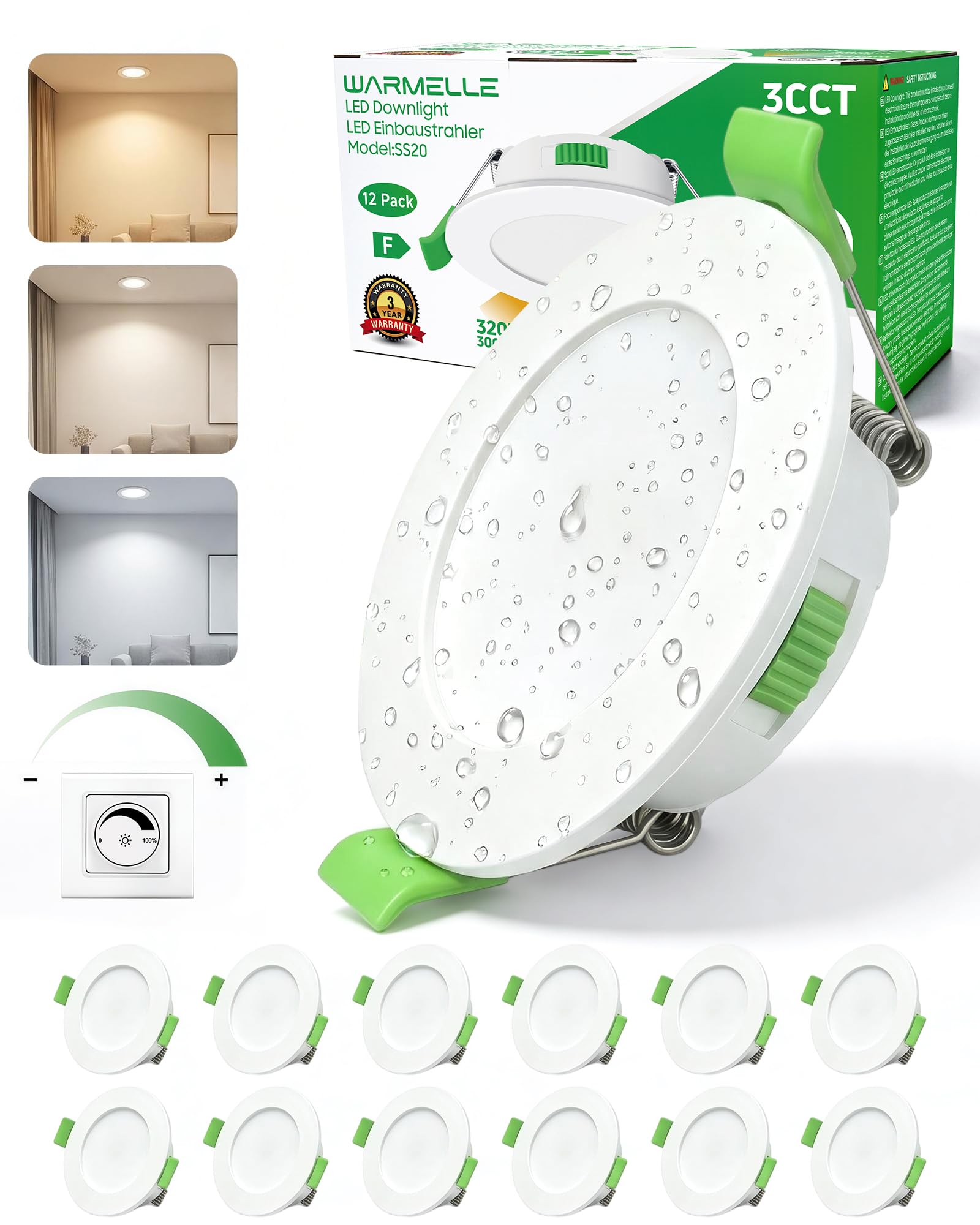 WARMELLE LED Downlights 12 Pack White, Dimmable Ceiling Lights 3000K/4000K/6500K, Spot Lights 4W 360lm IP65 Waterproof,CRI>80, CutoutΦ55-68mm Bathroom Light for Kitchen Bedroom Living Room