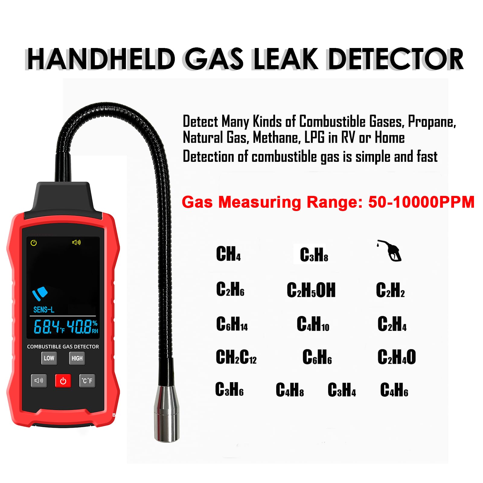 Detector de gas natural, detector de fugas de gas con cuello de cisne de 11 pulgadas, localiza la fuente de propano, gas natural, metano, GLP y fugas de gas combustible para el hogar y RV