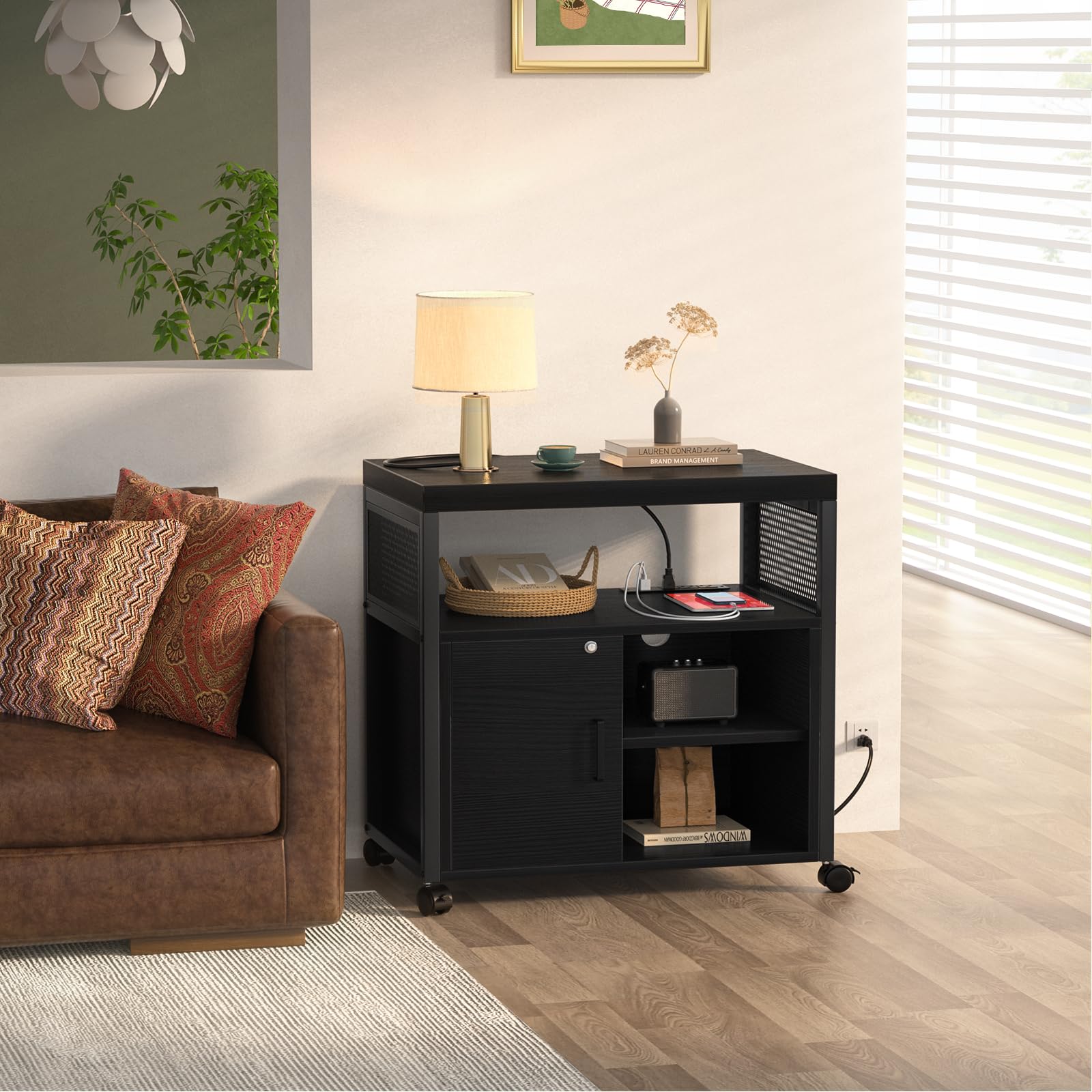 Unikito Lateral File Cabinet Locking Office Printer Stand with Sockets and USB Charging Ports Modern Rolling Printer Desk — view 6