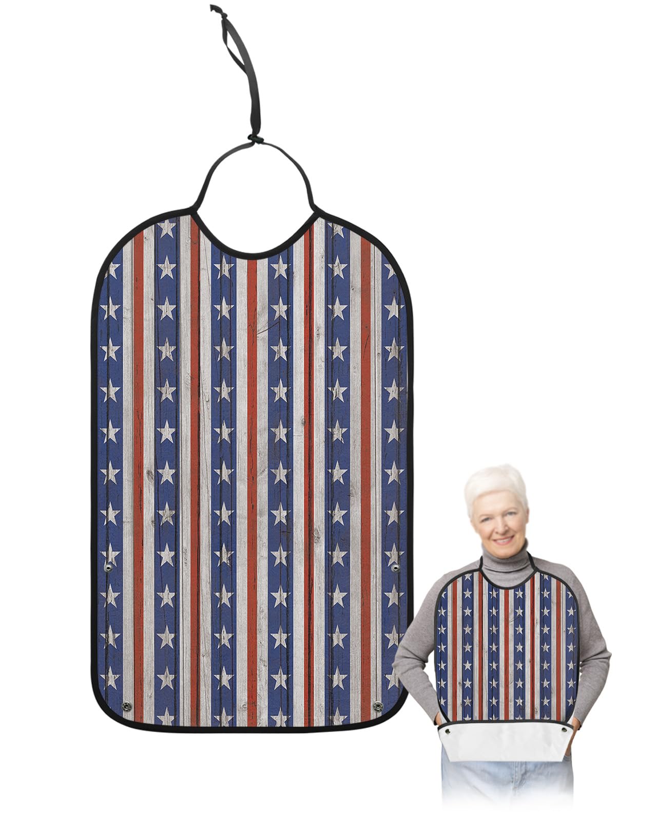 Red Blue Star Stripes Adult Bib for Eating with Crumb Catcher,Washable & Waterproof Terry Cloth Adjustable Elderly Women Men Adult Bibs Funny Apron Clothing Protector Farmhouse Independence Day