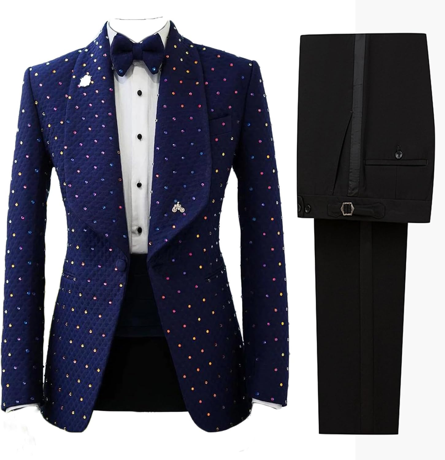 2 Pieces Men Tuxedo Suit Slim with Rhinestones Shawl Collar Blazer Jacket Pants Set for Prom,Party,Dinner