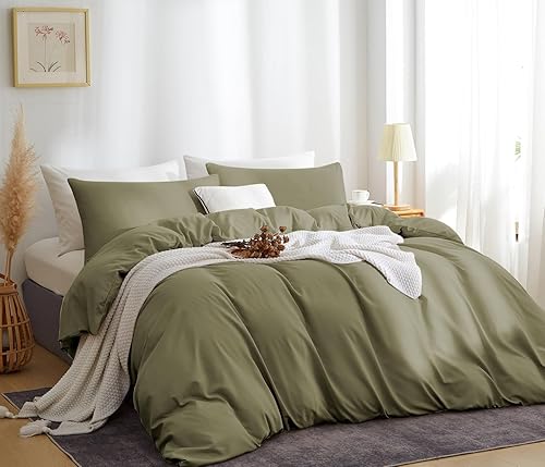 Miniatura 2 de Couturebridal Juego de funda de edredón verde oliva, tamaño King, 3 piezas, color liso, ultrasuave, agradable al tacto, con lazos y cremallera,