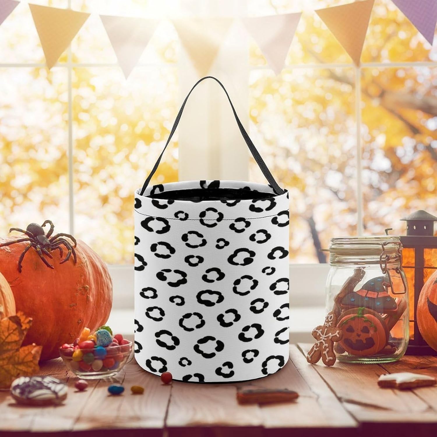 Black and White Halloween Trick Or Treat Bucket Candy Tote Hand‑held Pouch for Cosplay Theme Party Gift Storage image 5