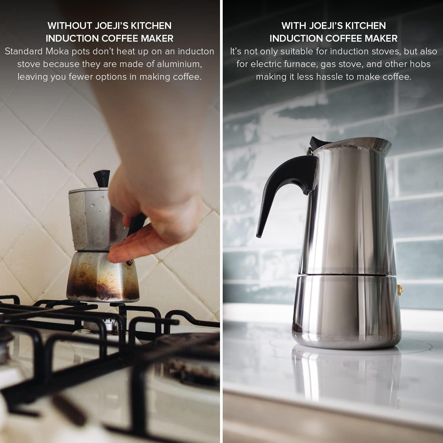 Joejis Stovetop Espresso Maker Induction Hob Cafetiere 300ml / 6 Cups Moka Pot Stainless Steel