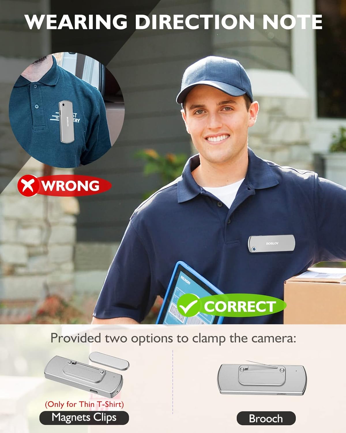 Wearing direction note for BOBLOV W3 Body Camera, showing correct and incorrect placement with magnetic clips and brooch.