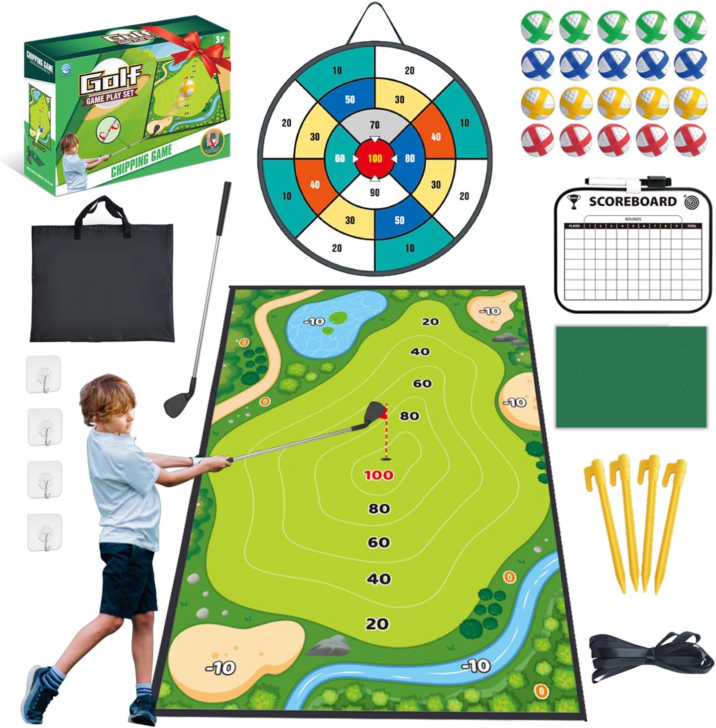 Golf Chipping Game Mat with Target, Hitting Mat, Practice Mat Outdoor & Indoor Golf Games for Kids & Adults,Sticky Score Playing Club & Balls for Backyard Garage Home Game