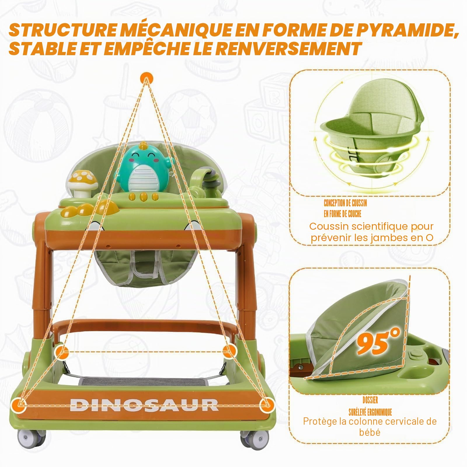 Trotteur pour Bébé Dinosaure Avec Jouets Musicaux,Repose-pieds,Hauteur Réglable,6 Roues Silencieuses À 360°,Avec Aide Au Freinage,Trotteur Adapté Aux Bébés À Partir De 0+