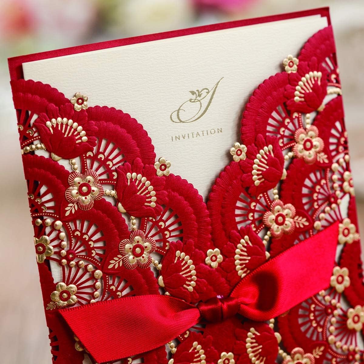 50pcs Red Wedding Invitations Cards with Foil Gold Floral & Bowknot 5x7 Laser Cut Invitation for Engagement Wedding Quinceanera Fancy Party Invites Favors