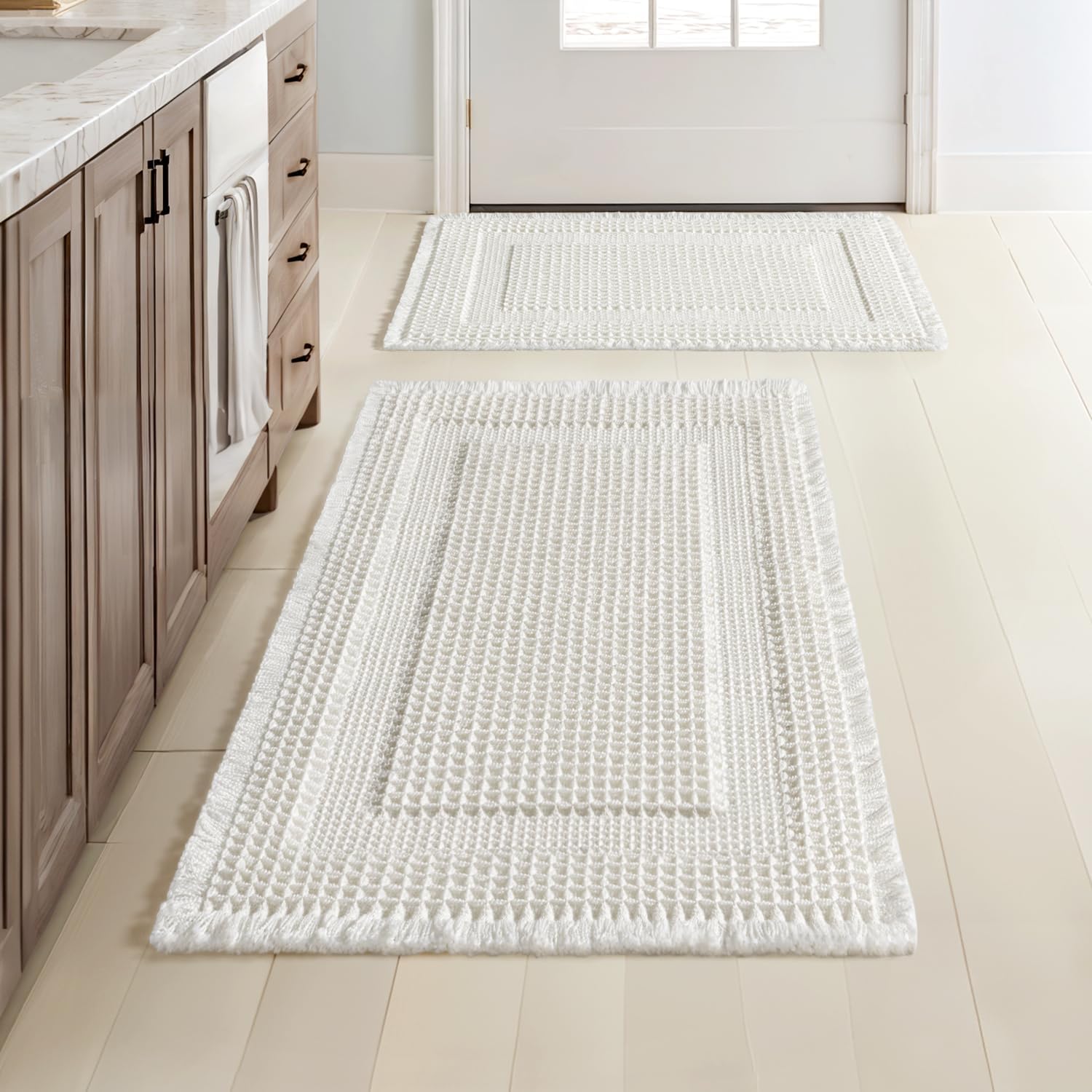 MIULEE Set of 2 Waffle Bathroom Rugs, Boho Bath Rug Super Absorbent, Non Slip Washable Ultra Soft Rubber Backed Shower Bath Mats for Floor, Tub, Shower, Looped Design, White, 17"x24"+18"x30" White Looped 17''x24'' + 18''x30''