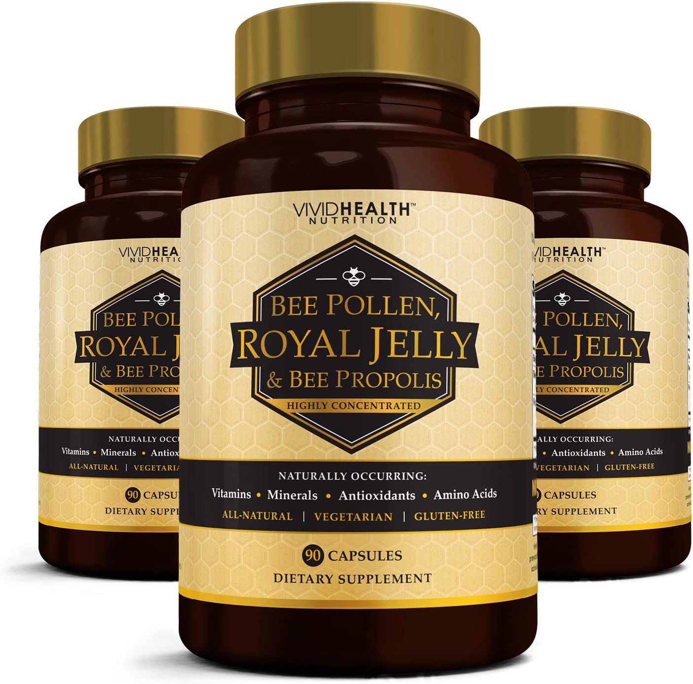 Immune Boosting Royal Jelly & Bee Pollen with Bee Propolis (3 Bottles) | Healthy Skin and Hair Supplement for Energy and Stamina | High Potency, Pure, Vegetarian Formula - 90 Capsules Each