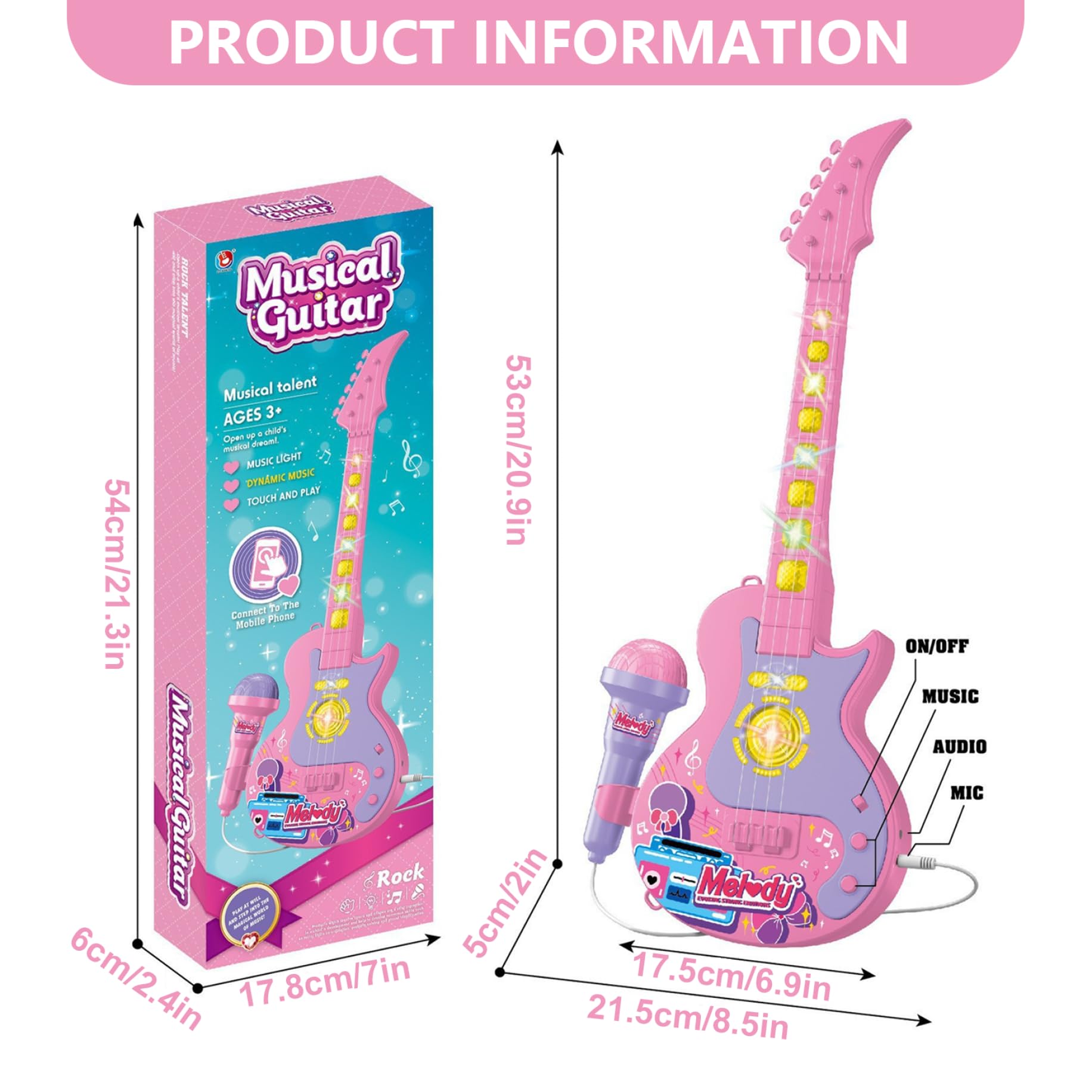 Juego de Guitarra y micrófono para niños con música y luz Guitarra micrófono 2 en 1 para niños pequeños