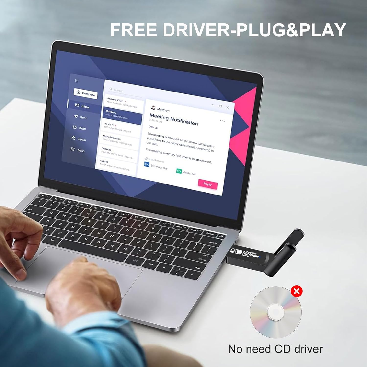 Laptop screen showing a meeting notification, with the USB WiFi adapter plugged into the side. Text indicates 'FREE DRIVER-PLUG&PLAY' and 'No need CD driver'.