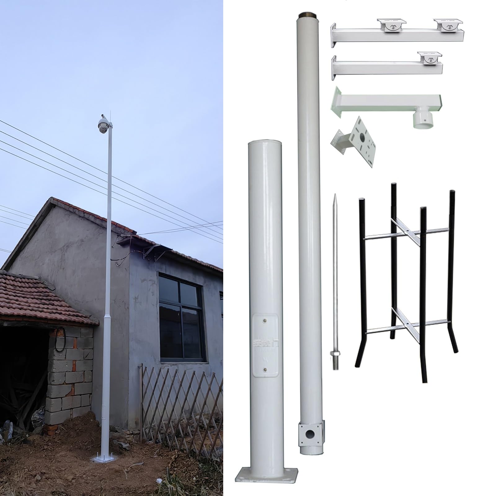 MRVAKDYDI Weatherproof Steel Surveillance Post, Universal Galvanized Steel Surveillance Camera Pole White 2.5-6m with Lightning Rod(Tall 8.2ft/2.5m)